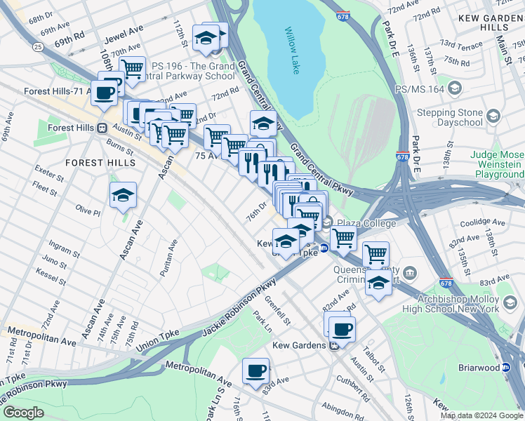map of restaurants, bars, coffee shops, grocery stores, and more near 111-46 76th Drive in Queens
