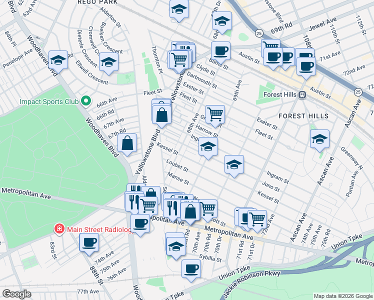 map of restaurants, bars, coffee shops, grocery stores, and more near 92-09 68th Avenue in Queens