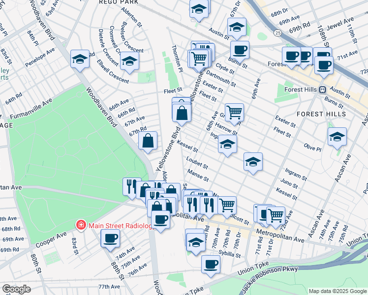map of restaurants, bars, coffee shops, grocery stores, and more near 67-07 Selfridge Street in Queens