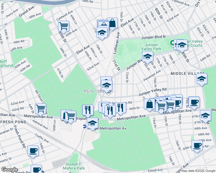map of restaurants, bars, coffee shops, grocery stores, and more near 64-04 70th Street in Queens