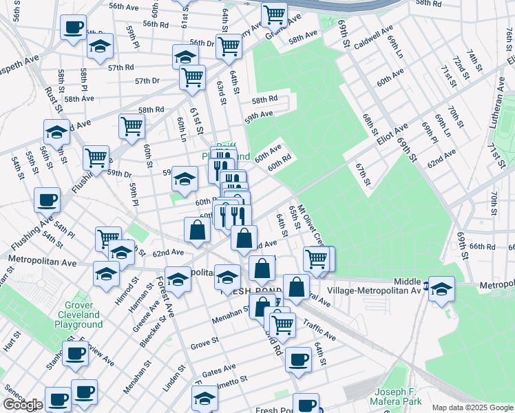 map of restaurants, bars, coffee shops, grocery stores, and more near 62-29 60th Drive in Queens