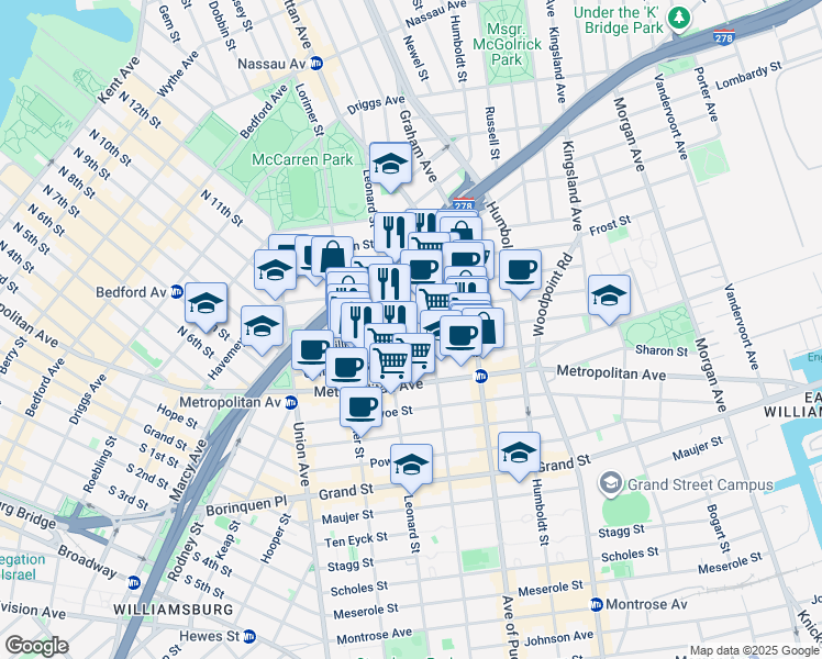 map of restaurants, bars, coffee shops, grocery stores, and more near 111 Skillman Avenue in Brooklyn