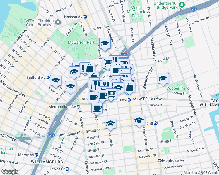 map of restaurants, bars, coffee shops, grocery stores, and more near 111 Skillman Avenue in Brooklyn