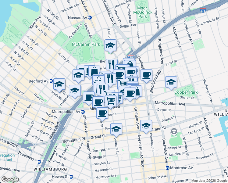 map of restaurants, bars, coffee shops, grocery stores, and more near 111 Skillman Avenue in Brooklyn