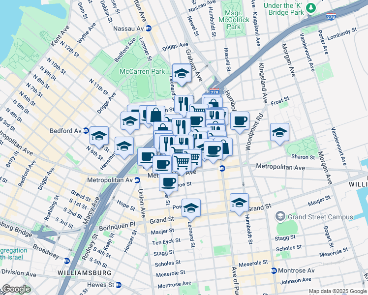 map of restaurants, bars, coffee shops, grocery stores, and more near 111 Skillman Avenue in Brooklyn