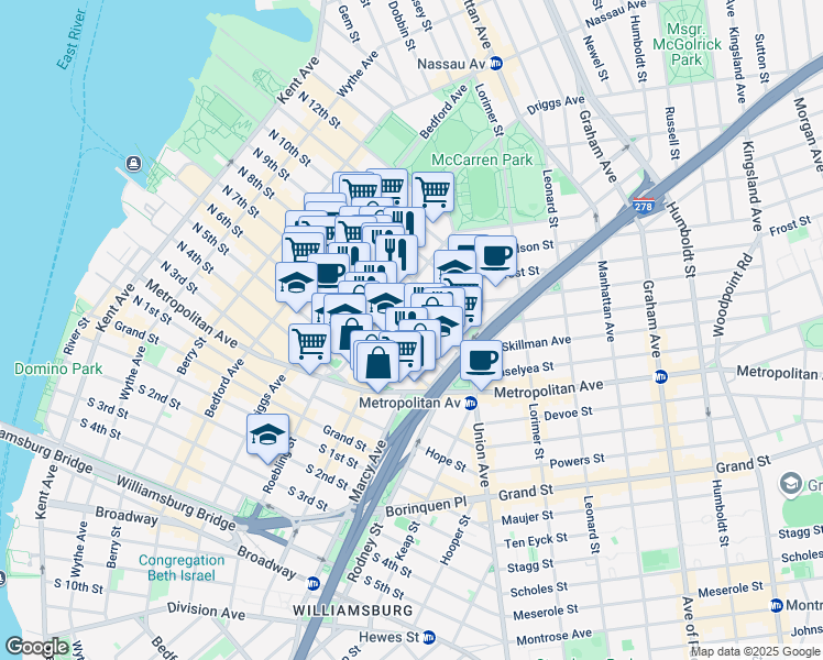 map of restaurants, bars, coffee shops, grocery stores, and more near 251 North 7th Street in Brooklyn