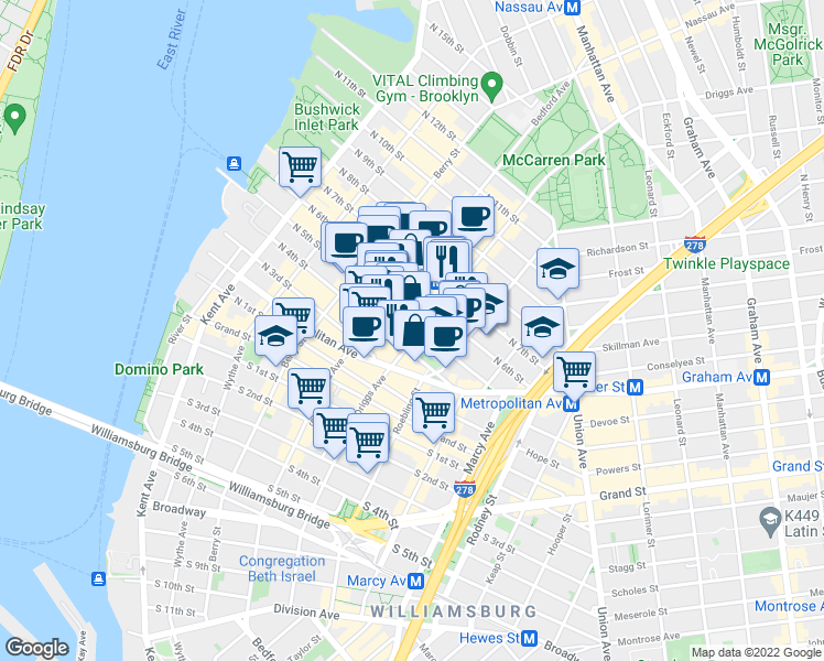 map of restaurants, bars, coffee shops, grocery stores, and more near 597 Driggs Avenue in Brooklyn