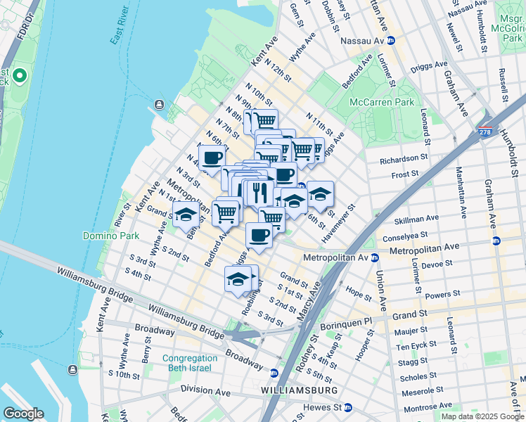 map of restaurants, bars, coffee shops, grocery stores, and more near 147 North 4th Street in Brooklyn