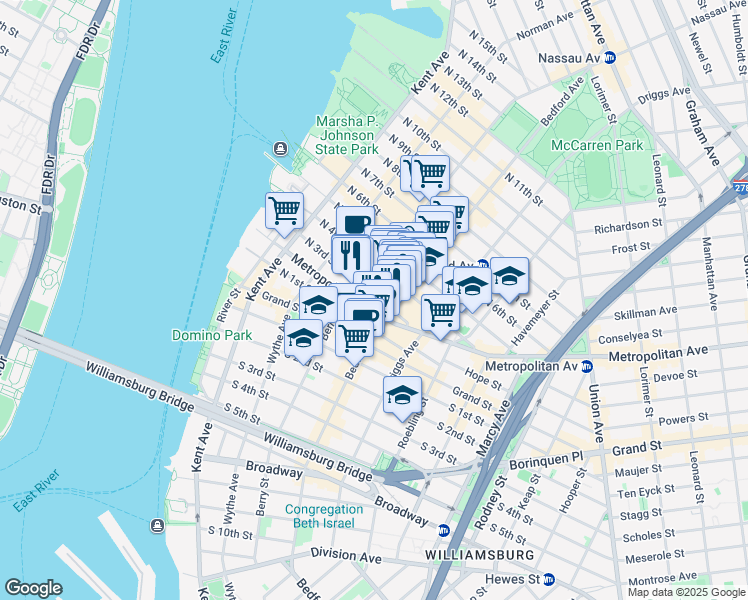 map of restaurants, bars, coffee shops, grocery stores, and more near 256 Bedford Avenue in Brooklyn