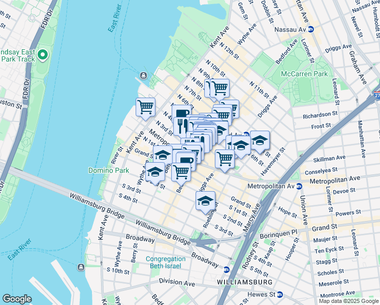 map of restaurants, bars, coffee shops, grocery stores, and more near 151 North 3rd Street in Brooklyn