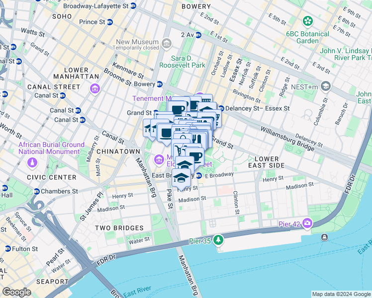map of restaurants, bars, coffee shops, grocery stores, and more near 25 Essex Street in New York