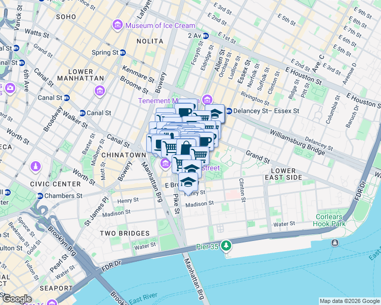 map of restaurants, bars, coffee shops, grocery stores, and more near 50-52 Eldridge Street in New York