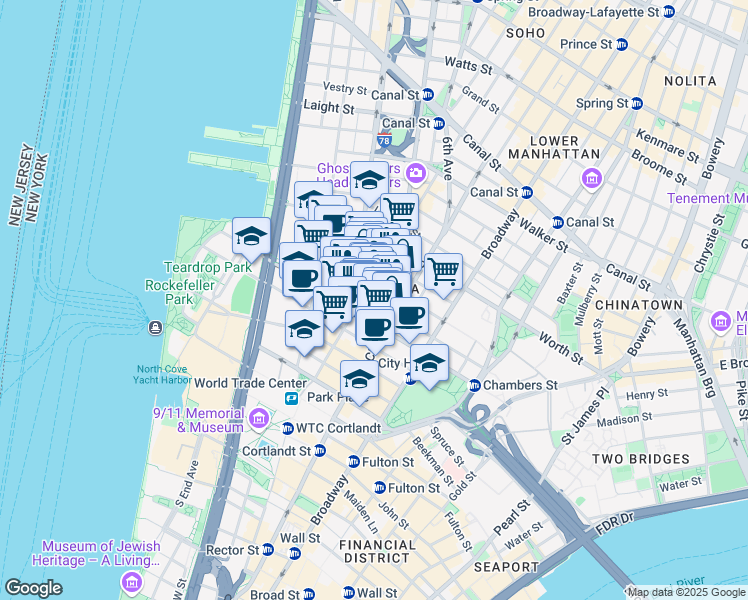 map of restaurants, bars, coffee shops, grocery stores, and more near in New York