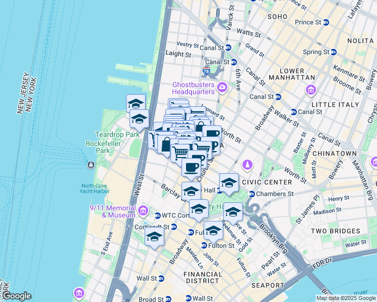 map of restaurants, bars, coffee shops, grocery stores, and more near 155 Chambers Street in New York