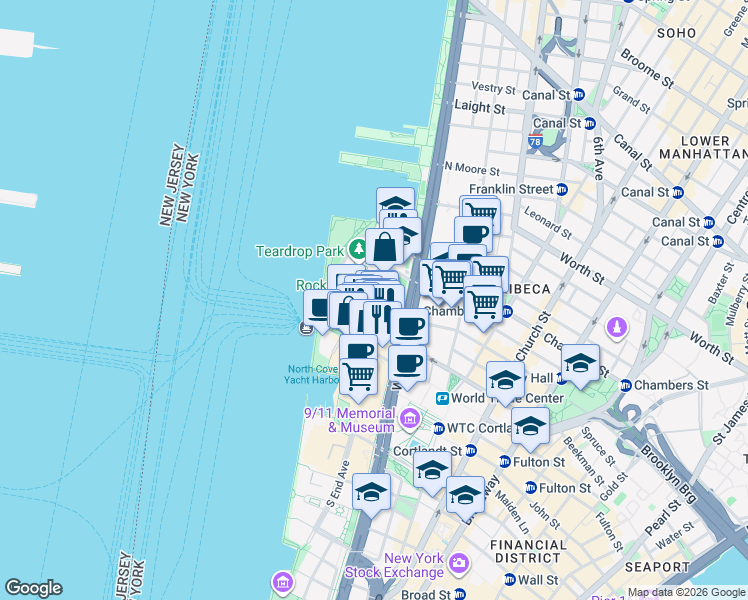 map of restaurants, bars, coffee shops, grocery stores, and more near in New York