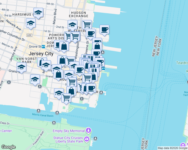 map of restaurants, bars, coffee shops, grocery stores, and more near 31 Exchange Place in Jersey City