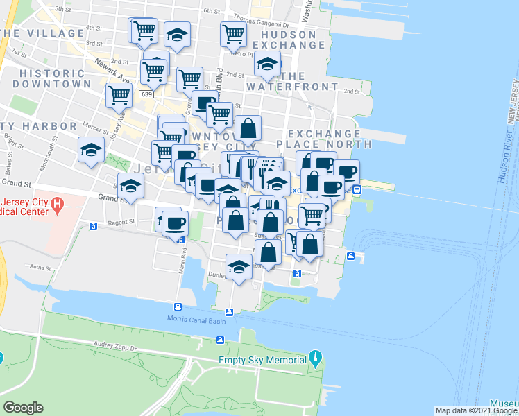 map of restaurants, bars, coffee shops, grocery stores, and more near in Jersey City