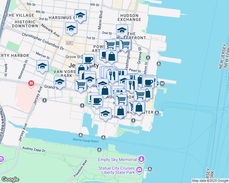 map of restaurants, bars, coffee shops, grocery stores, and more near in Jersey City