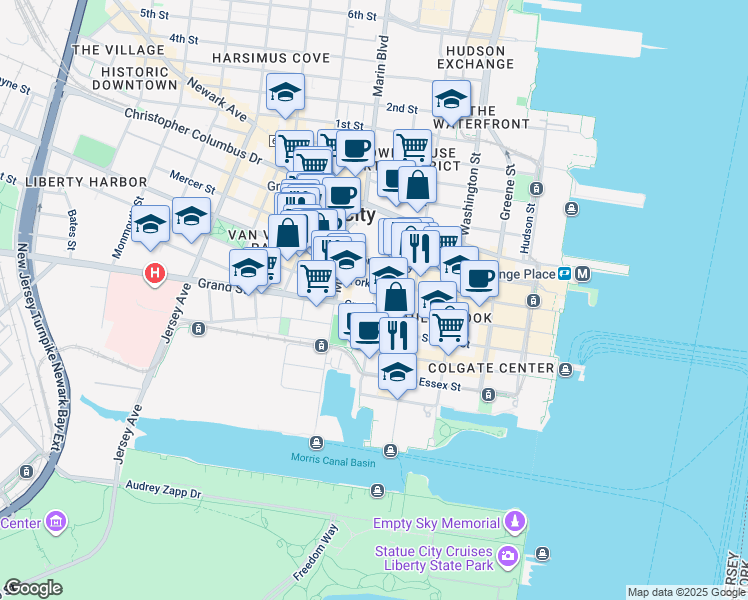map of restaurants, bars, coffee shops, grocery stores, and more near 170 Grand Street in Jersey City