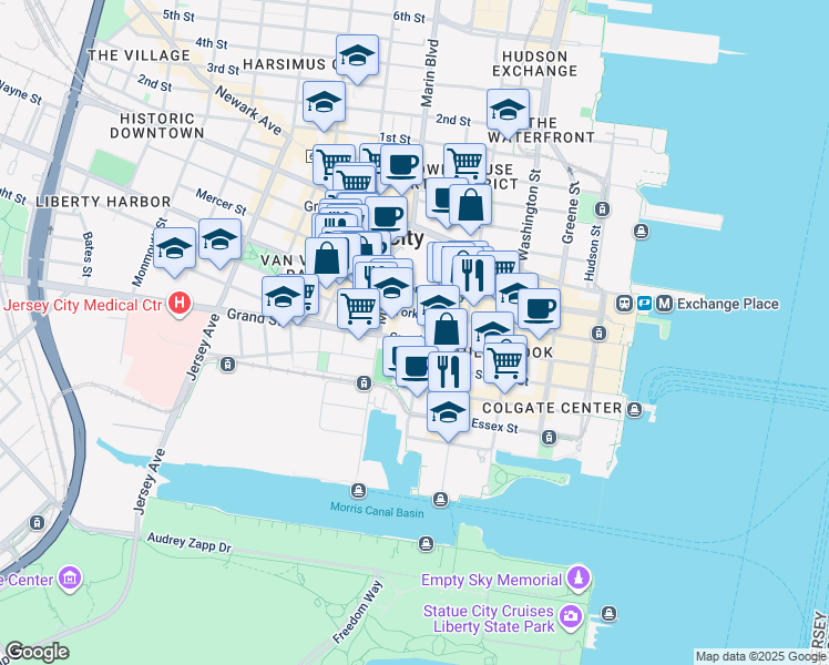 map of restaurants, bars, coffee shops, grocery stores, and more near 170 Grand Street in Jersey City
