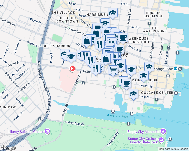 map of restaurants, bars, coffee shops, grocery stores, and more near 120 Tidewater Street in Jersey City