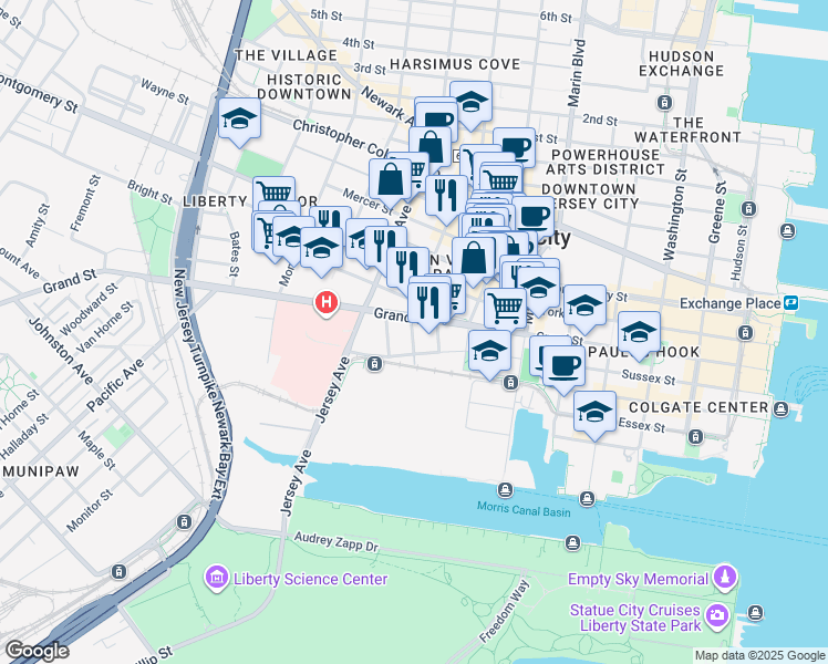 map of restaurants, bars, coffee shops, grocery stores, and more near 111 Liberty View Drive in Jersey City