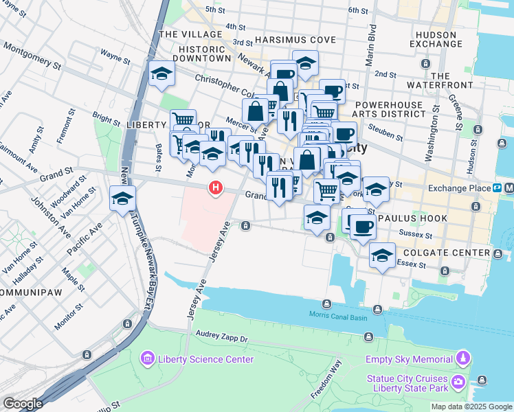 map of restaurants, bars, coffee shops, grocery stores, and more near 111 Liberty View Drive in Jersey City