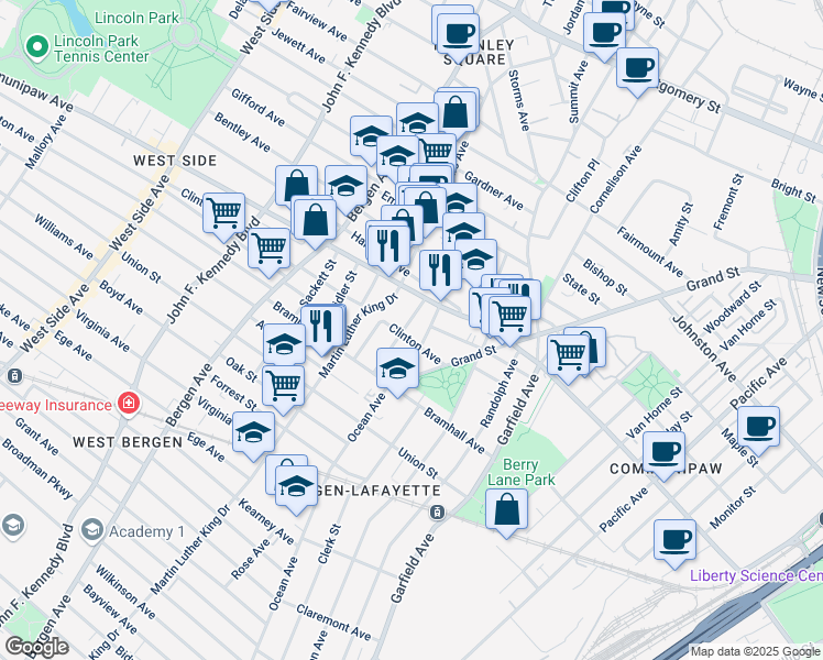 map of restaurants, bars, coffee shops, grocery stores, and more near in Jersey City