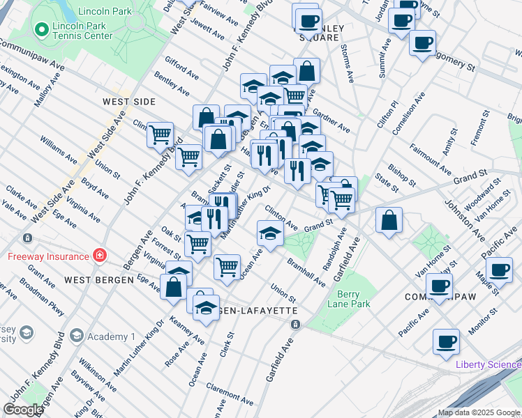 map of restaurants, bars, coffee shops, grocery stores, and more near 49 Clinton Avenue in Jersey City