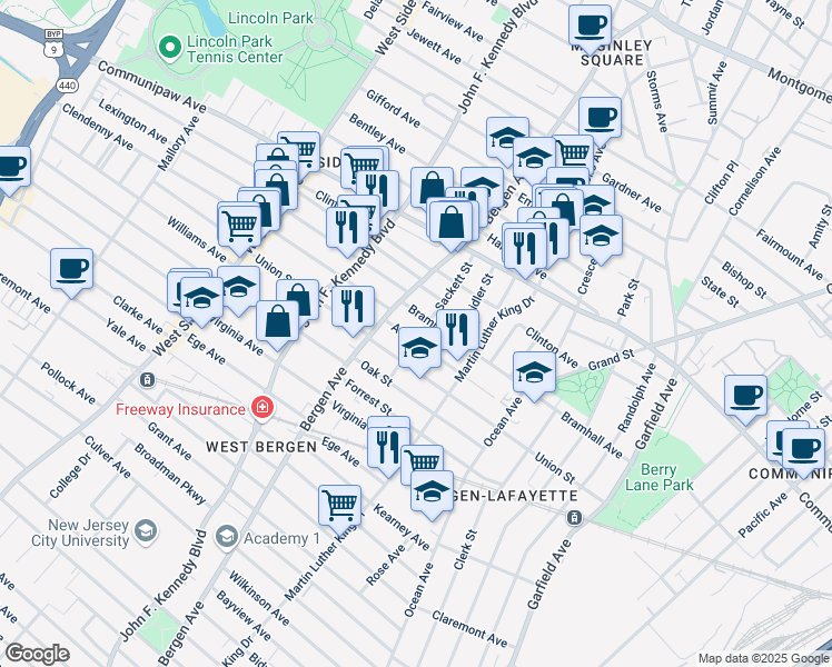 map of restaurants, bars, coffee shops, grocery stores, and more near 104 Atlantic Street in Jersey City