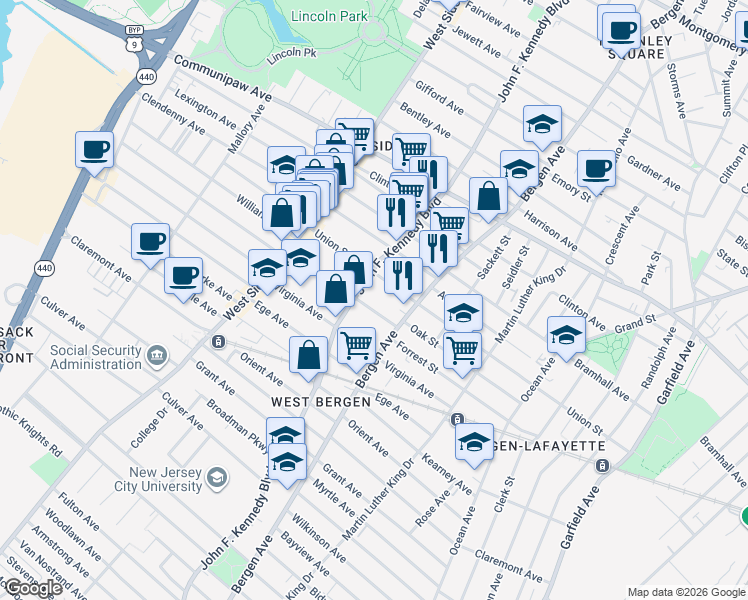 map of restaurants, bars, coffee shops, grocery stores, and more near 249 Union Street in Jersey City
