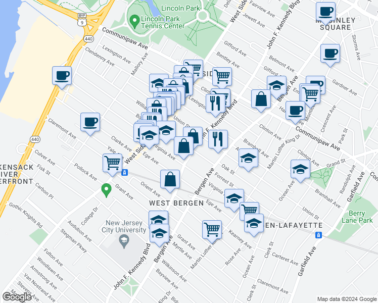 map of restaurants, bars, coffee shops, grocery stores, and more near 2255 John F. Kennedy Boulevard in Jersey City