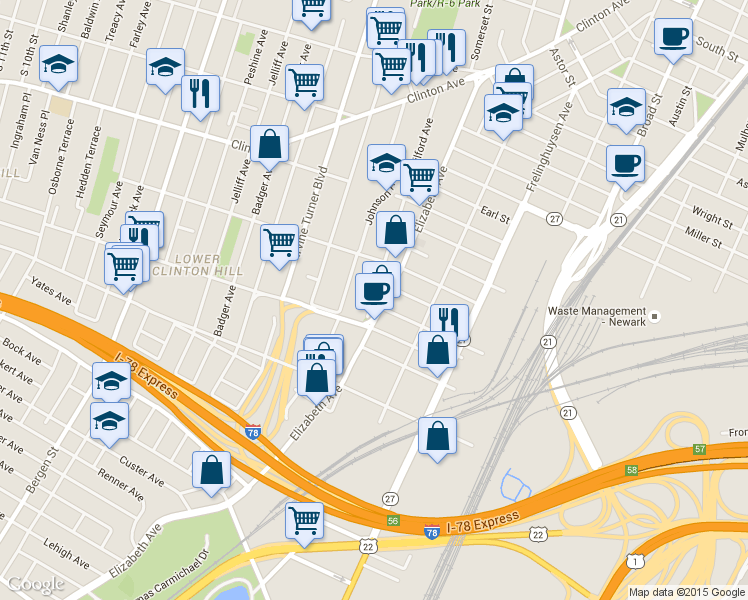 map of restaurants, bars, coffee shops, grocery stores, and more near 204 Elizabeth Avenue in Newark