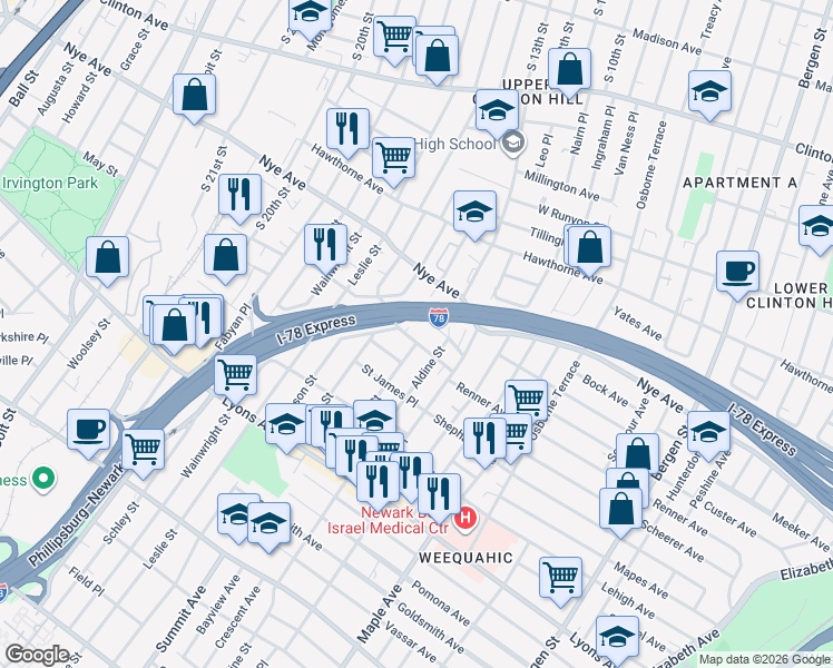 map of restaurants, bars, coffee shops, grocery stores, and more near 22 Edmonds Place in Newark