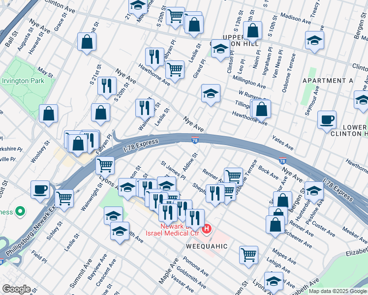 map of restaurants, bars, coffee shops, grocery stores, and more near 22 Edmonds Place in Newark