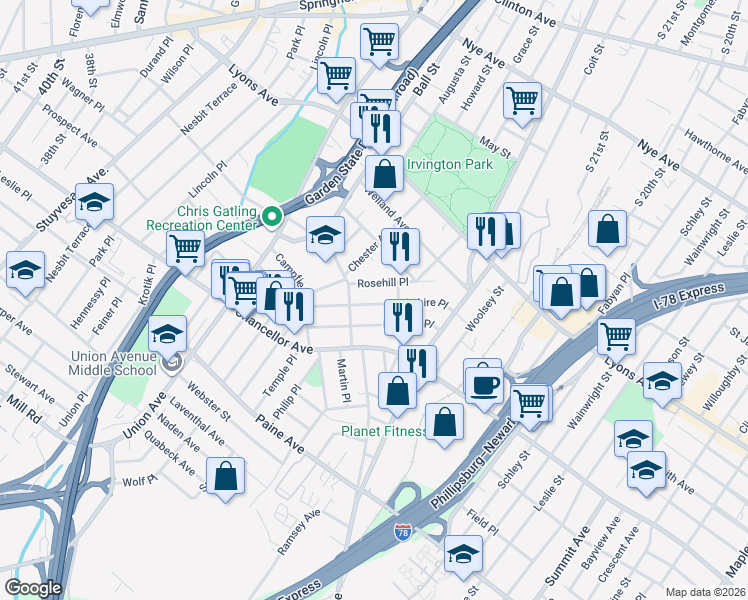 map of restaurants, bars, coffee shops, grocery stores, and more near 78 Berkshire Place in Irvington