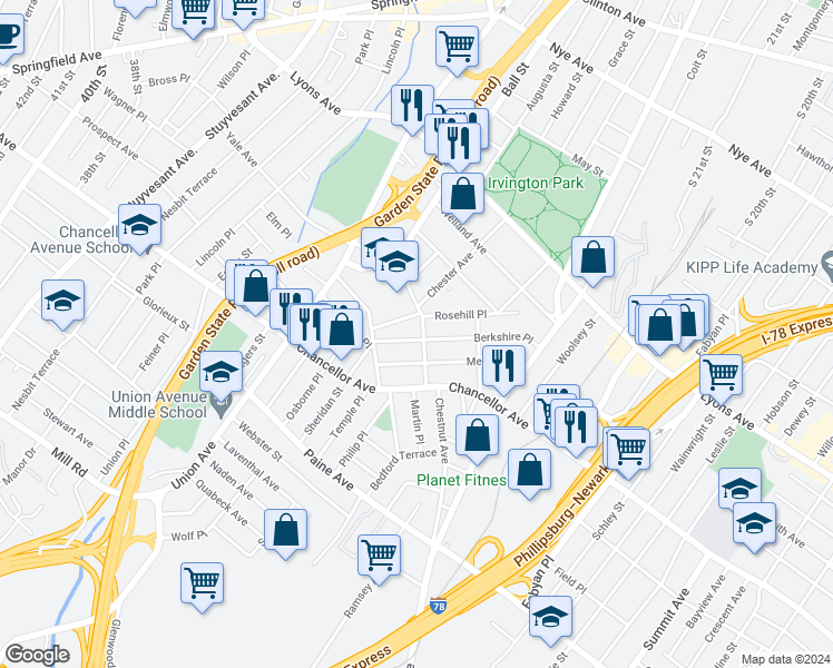 map of restaurants, bars, coffee shops, grocery stores, and more near 106 Berkshire Place in Irvington