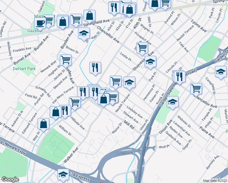 map of restaurants, bars, coffee shops, grocery stores, and more near 998 Stuyvesant Avenue in Irvington