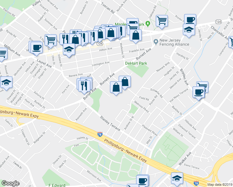 map of restaurants, bars, coffee shops, grocery stores, and more near 242 Burnett Avenue in Maplewood