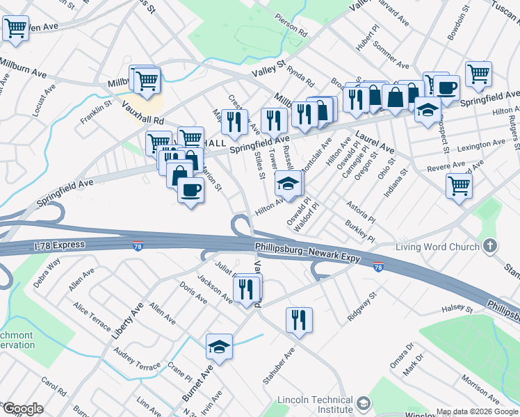 map of restaurants, bars, coffee shops, grocery stores, and more near 116 Hilton Avenue in Union
