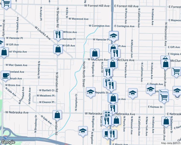 map of restaurants, bars, coffee shops, grocery stores, and more near 2314 North North Street in Peoria