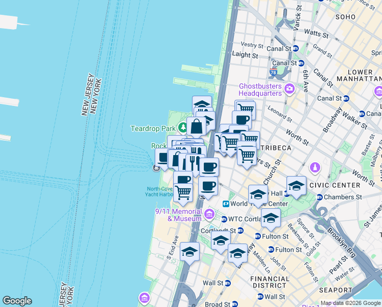 map of restaurants, bars, coffee shops, grocery stores, and more near 200 North End Avenue in New York