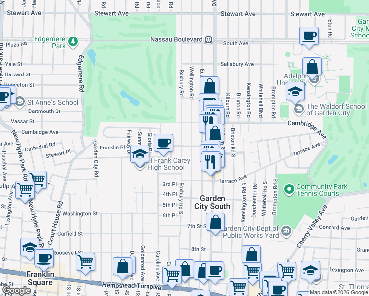 map of restaurants, bars, coffee shops, grocery stores, and more near 647 Princeton Avenue in Garden City