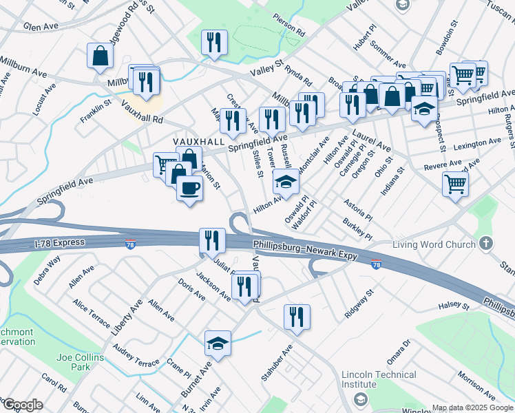 map of restaurants, bars, coffee shops, grocery stores, and more near 116 Hilton Avenue in Union