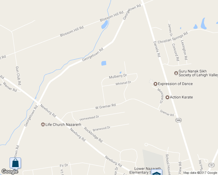map of restaurants, bars, coffee shops, grocery stores, and more near 4497 Whitetail Drive in Nazareth