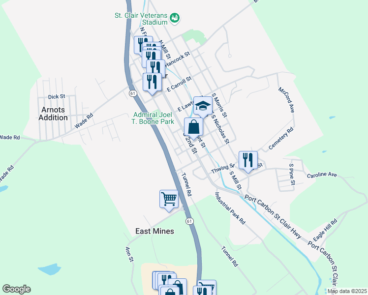 map of restaurants, bars, coffee shops, grocery stores, and more near 17 West Patterson Street in Saint Clair