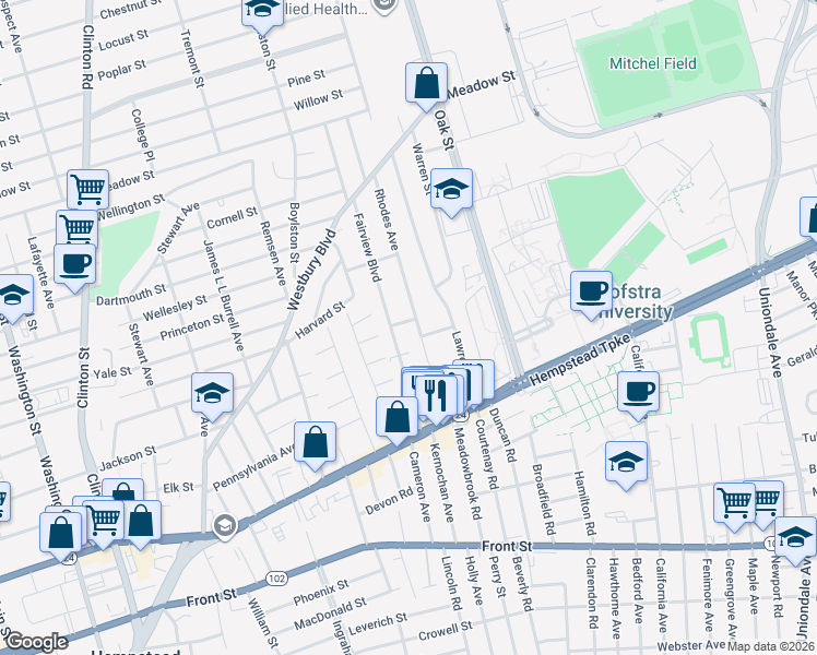 map of restaurants, bars, coffee shops, grocery stores, and more near 16 Thomas Street in Hempstead