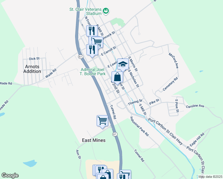map of restaurants, bars, coffee shops, grocery stores, and more near 17 West Patterson Street in Saint Clair