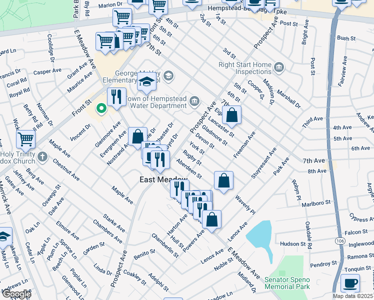 map of restaurants, bars, coffee shops, grocery stores, and more near 2343 Rugby Street in East Meadow