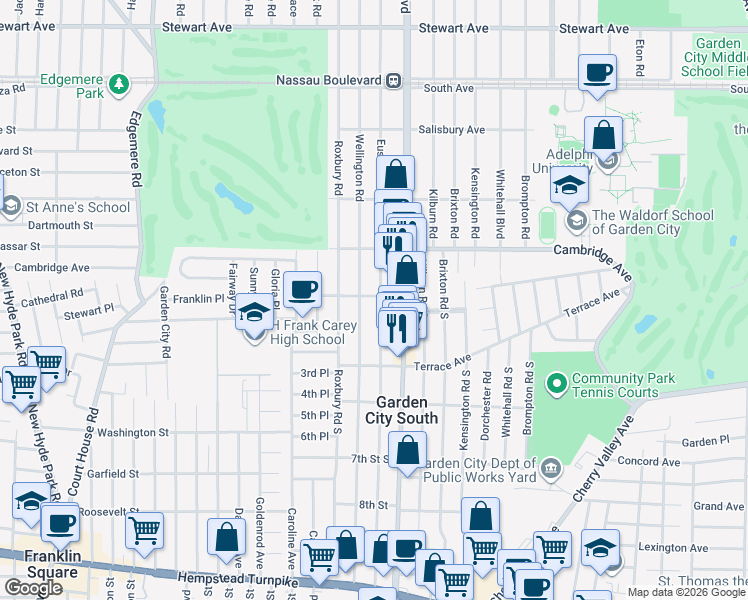 map of restaurants, bars, coffee shops, grocery stores, and more near 609 Princeton Avenue in Garden City